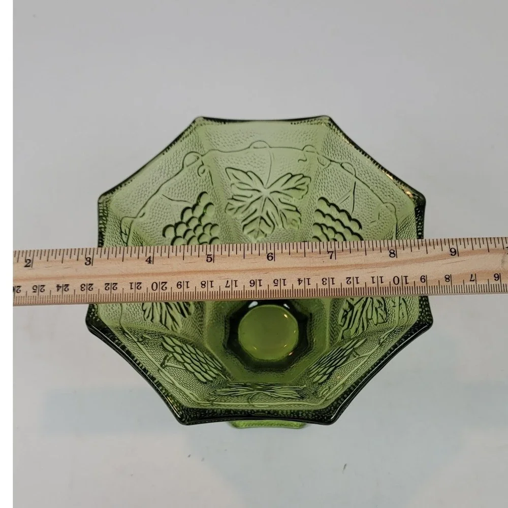 Vintage Green Glass Grape Leaf Compote Pedestal Bowl Octagon Mid Century 5.5in